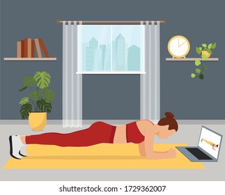 Sport Exercise at Home. Woman doing yoga plank in living room using online personal training program. People quarantine at home.Flat style,Vector illustration