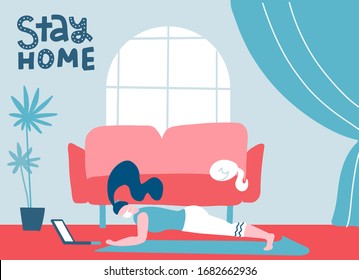 Sport exercise at home. Woman in medical mask doing workout indoor. Yoga and fitness, healthy lifestyle. Quarantine, stay at home, web banner, poster. Stop covid-19. Flat vector illustration.