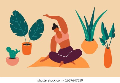 Sport exercise at home.Woman is sitting and stretching. How to keep fit indoors. Fitness, yoga and morning workout in cozy interior. Healthy lifestyle and wellness concept. Flat vector illustration