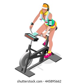 Sport Exercise Isolated Set Bike Bicycle People Spin Fitness Class. 3D Flat Isometric Gym Class Workout Cycle Icon Set. Sport People Exercise Bike Gym Cycle Fitness Equipment Vector Icon Collection