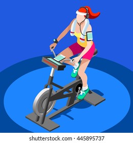 Sport Exercise Isolated Set Bike Bicycle People Spin Fitness Class. 3D Flat Isometric Gym Workout Work Out Cycle Icon Set. Sport People Exercise Bike Gym Cycle Fitness Equipment Vector Set Collection