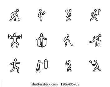 Sport exercise line icon set. Set of line icons on white background. Fitness concept. Baseball, tennis, rugby. Vector illustration can be used for topics like bodybuilding, sport, activity