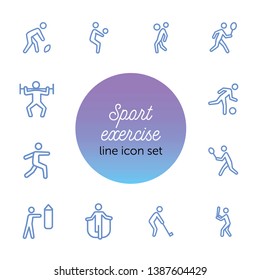 Sport exercise line icon set. Set of line icons on white background. Fitness concept. Baseball, tennis, rugby. Vector illustration can be used for topics like bodybuilding, sport, activity