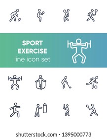 Sport exercise line icon set. Set of line icons on white background. Fitness concept. Baseball, tennis, rugby. Vector illustration can be used for topics like bodybuilding, sport, activity