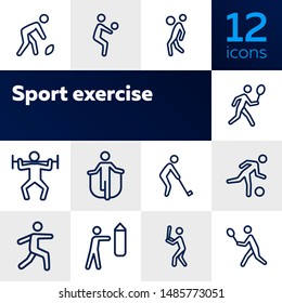 Sport exercise line icon set. Set of line icons on white background. Fitness concept. Baseball, tennis, rugby. Vector illustration can be used for topics like bodybuilding, sport, activity