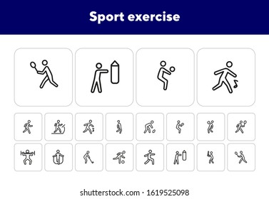 Sport exercise line icon set. Set of line icons on white background. Fitness concept. Baseball, tennis, rugby. Vector illustration can be used for topics like bodybuilding, sport, activity