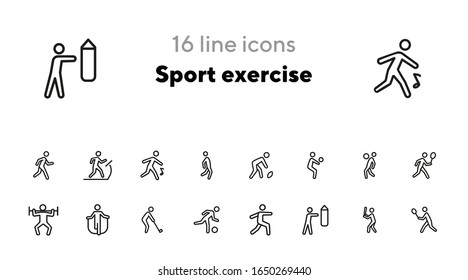 Symbol für Sportübungen gesetzt. Satz von Zeilensymbols auf weißem Hintergrund. Fitness-Konzept. Baseball, Tennis, Rugby. Vektorillustration-Illustration kann für Themen wie Aufbau, Sport, Aktivität