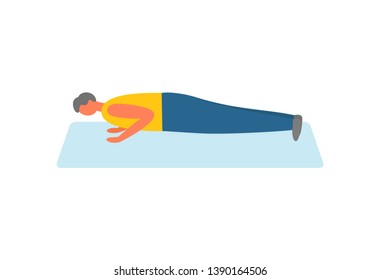 Sport and exercise, man doing push-ups on rug vector. Pumping biceps, healthy lifestyle and daily workout, morning training isolated male character