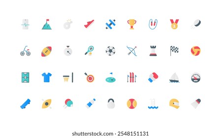 Sport exercise, medal and trophy of competition, fitness in gym color icon set. Games collection with football basketball tennis baseball archery golf boxing flat elements vector illustration