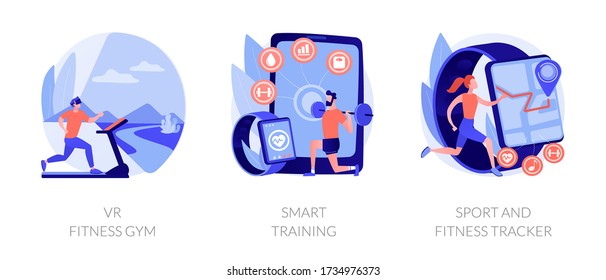 Sport exercise modern technologies metaphors. VR gym, smart training, fitness tracker. Workout tracking wearable devices. Smart watch app. Vector isolated concept metaphor illustrations.