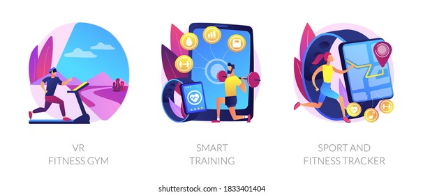 Sport exercise modern technologies metaphors. VR gym, smart training, fitness tracker. Workout tracking wearable devices. Smart watch app. Vector isolated concept metaphor illustrations.