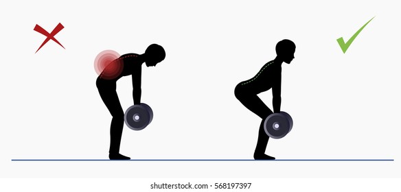 Sport exercise. Physical training right and wrong gym or deadlift vector illustration