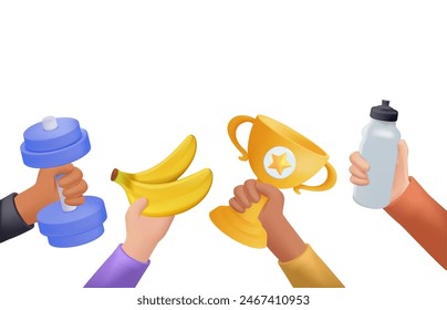 Sport exercise web banner in 3D style. Time to fitness and workout concept with dumbbells, winner cup, sport bottle and bananas. Idea of active and healthy lifestyle. Hands holding training equipment