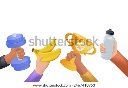 Sport exercise web banner in 3D style. Time to fitness and workout concept with dumbbells, winner cup, sport bottle and bananas. Idea of active and healthy lifestyle. Hands holding training equipment