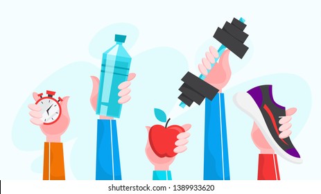 Sport exercise web banner. Time to fitness and workout concept. Idea of active and healthy lifestyle. Hands holding training equipment. Vector illustration in cartoon style - Shutterstock ID 1389933620