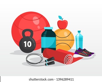 Sport exercise web banner. Time to fitness and workout concept. Idea of active and healthy lifestyle. Training equipment. Vector illustration in cartoon style - Shutterstock ID 1396289411