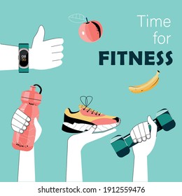 Sportübungs-Webbanner. Zeit bis zum Fitnesskonzept. Idee eines aktiven und gesunden Lebensstils. Hände, die Trainingsgeräte besitzen.
