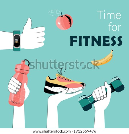 Sport exercise web banner. Time to fitness concept. Idea of active and healthy lifestyle. Hands holding training equipment.