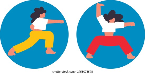 Sport exercise. Woman doing Wushu. How to keep fit. Fitness, yoga and morning workout. Healthy lifestyle and wellness concept. Flat vector illustration. Vector illustration in modern concept of Wushu 