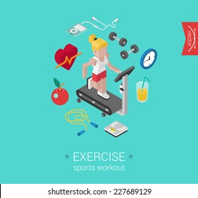 Sport exercise workout flat 3d isometric modern design concept vector icon collage. Female sports woman on treadmill running on race track. Web illustration and website infographics elements.