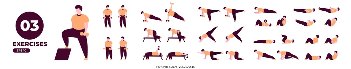 Sport exercises with dumbbells set. Workout and gym. Body health, healthy lifestyle. Man doing fitness activities. Flat style. Modern minimalistic design. Vector illustration eps10.