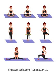 Sport exercises flat vector illustrations set. Slim woman, fitness trainer in different poses cartoon character. Meditation, twine and forward lounges. Flexibility, balance and concentration training