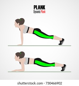 Sport exercises. Exercises with free weight. Dynamic plank. Illustration of an active lifestyle. Vector.