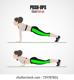 Sport exercises. Exercises with free weight. Pushups. Illustration of an active lifestyle. Vector.
