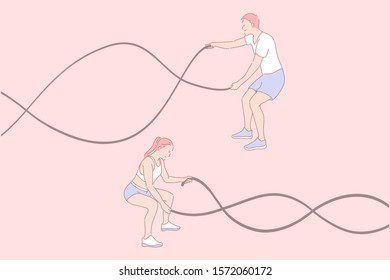 Sport exercises, functional training, active lifestyle concept. Young people squatting with ropes, fitness, gym workout, athletic training, good shape and health. Simple flat vector