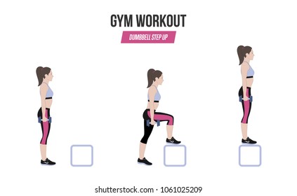 Sport exercises. Exercises in a gym. Dumbbell Step Up. Illustration of an active lifestyle.