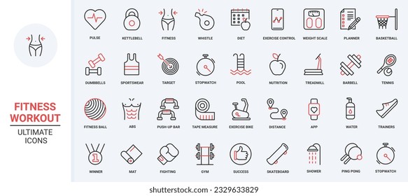 Sport exercises in gym, fitness workout red black thin line icons set vector illustration. Equipment for training strength and muscles of body, diet for weight loss, yoga mat, tennis and basketball.