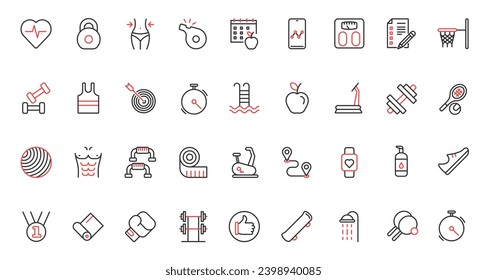 Sport exercises in gym, fitness workout red black thin line icons set vector illustration. Equipment for training strength and muscles of body, diet for weight loss, yoga mat, tennis and basketball.