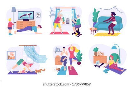 Sport exercises at home, isolated vector illustration set. Male and female character exercising fitness workout and yoga at home. Sport healthy lifestyle, activity concept with fit exerciser training.