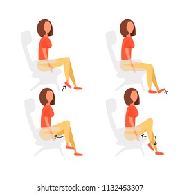 Sport exercises for office. Different postures of legs when the girl is lies, lies. Vector illustration set.