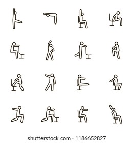 Sport Exercises for Office Signs Black Thin Line Icon Set Include of Fitness and Workout. Vector illustration of Icons