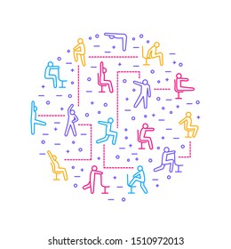 Sport Exercises for Office Thin Line Round Design Template Include of Fitness and Workout. Vector illustration of Icons