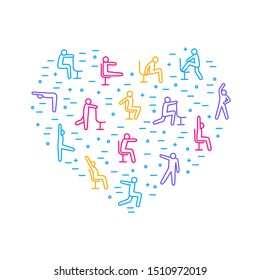 Sport Exercises for Office Thin Line Heart Shape Design Template Include of Fitness and Workout. Vector illustration of Icons