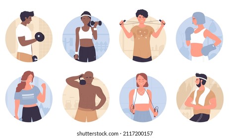Sport exercises of people in gym, round avatar set vector illustration. Cartoon athletic woman and man training muscles wih dumbbell, barbell or kettlebell weight equipment. Sport activity concept
