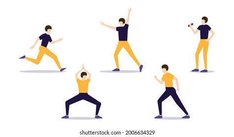 Sport exercises set Vector illustration in flat design Male characters in bright sport clothes in active poses isolated on white background