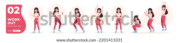 Sport exercises set. Workout gym wallpaper. Body health, healthy lifestyle. Woman doing fitness activities and yoga. Flat style. Modern design. Cute pretty female character. Vector illustration eps10.