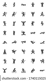 Sport exercises vector icons set, modern solid symbol collection, Yoga poses filled style pictogram pack. Signs, logo illustration. Set includes icons as rhythmic gymnastics, tennis, stretching, asana