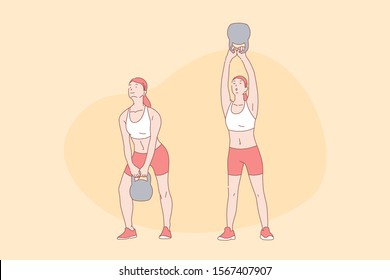 Sport exercises, workout, functional training, active lifestyle concept. Young woman lifting weight, gym exercise with equipment, athletic training, good shape and health. Simple flat vector