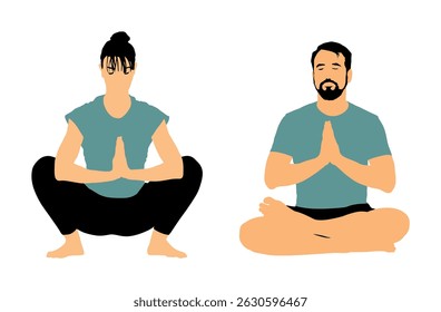 Esporte exercícios de ioga casal em ilustração vetor amor isolado. Menino e menina ativos no ginásio orando posar rezar a paz espiritual. Atividade de saúde masculina, feminina. Mulher e homem esticando-se vertigem.