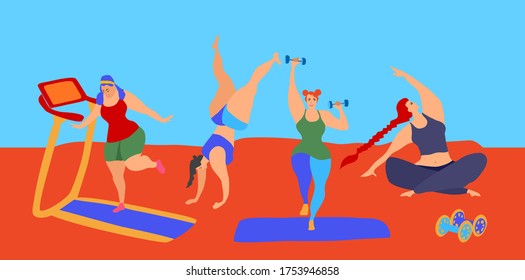 Sport exercises and yoga set.Cute funky plus size girls training.Flat funky characters vector illustration. Fitness with training apparatus. Gym, healthy style.Active sport positive motivation