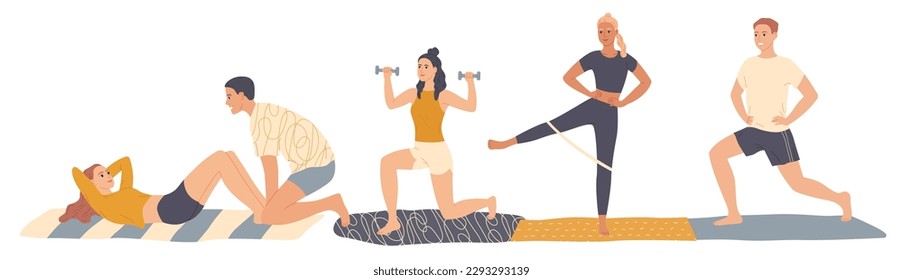 Sport exercising at home. People doing workout indoor. Man, woman performing sports activities, fitness workout.