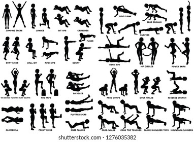 Sport exersice. Silhouettes of woman doing exercise. Workout, training Vector illustration. Jumping Jacks, lunges, sit ups, crunches, push ups, plank squat and more