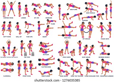 Sportübungen. Silhouetten von Frauen, die Sport treiben. Training, Training Vektor Illustration. Sprungbretter, Lungeln, Aufsetzer, Krausen, Hochstapler, Pflaumenbesatz und vieles mehr