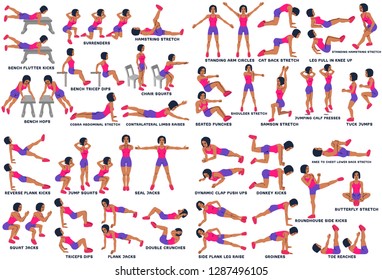 Sport exersice. Silhouettes of woman doing exercise. Workout, training Vector illustration. Jumping Jacks, lunges, sit ups, crunches, push ups, plank squat and more