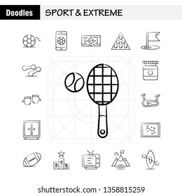 Sport And Extreme Hand Drawn Icons Set For Infographics, Mobile UX/UI Kit And Print Design. Include: Football, Ball, Game, Sport, Mobile, Play, Game, Online, Icon Set - Vector