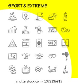 Sport And Extreme Hand Drawn Icons Set For Infographics, Mobile UX/UI Kit And Print Design. Include: Football, Ball, Game, Sport, Mobile, Play, Game, Online, Icon Set - Vector